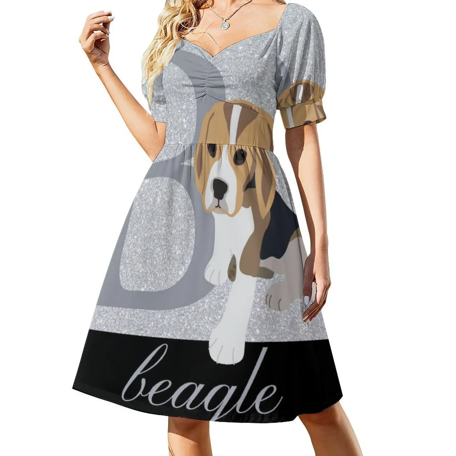 B مخصص لبيغل كارتون جرو الكلب مع بريق الفضة المرأة فستان حفلة أنيقة فستان على شكل حرف a مع قصير/طويل/أكمام