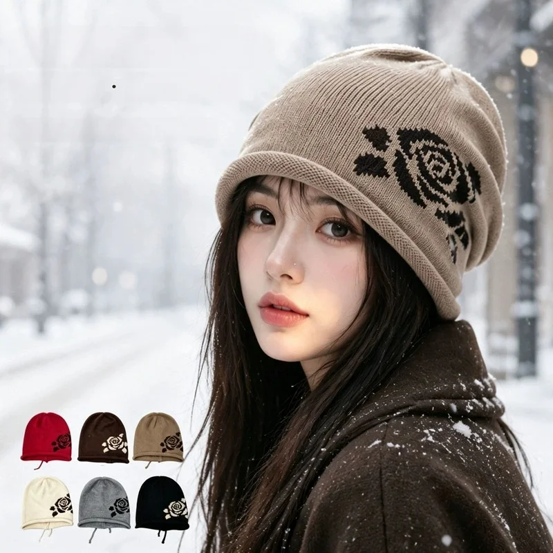 Women’s Floral Knit Wool Hat – Fall/Winter Warm Pull-Over Cold-Weather Beanie