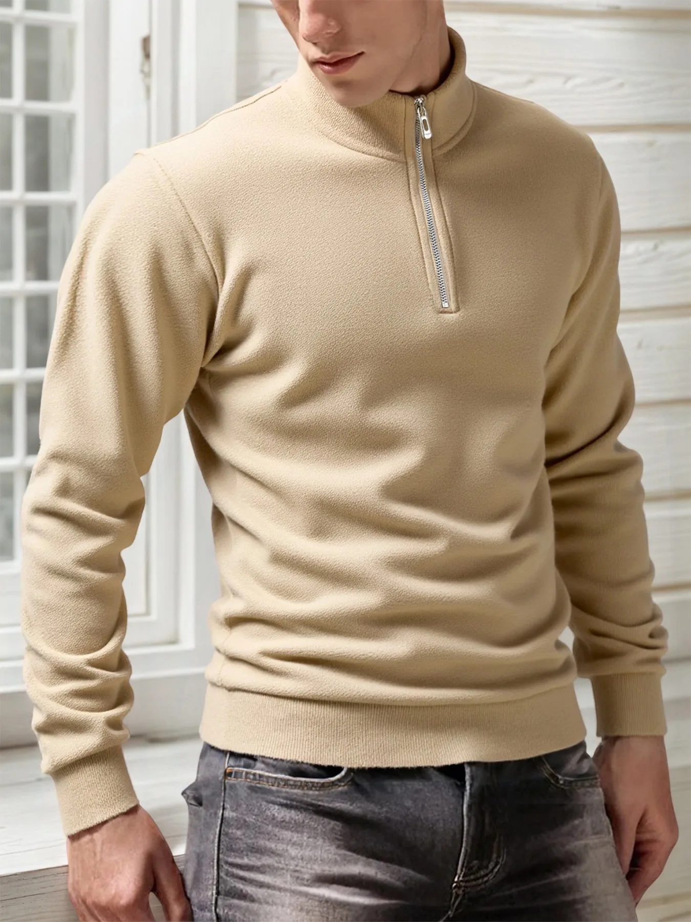 2025 الرجال بلوزات الصوف عادية بلايز نصف سستة الوقوف طوق البلوز الدافئة اليومية الأساسية فضفاضة طويلة الأكمام بلوزات #4