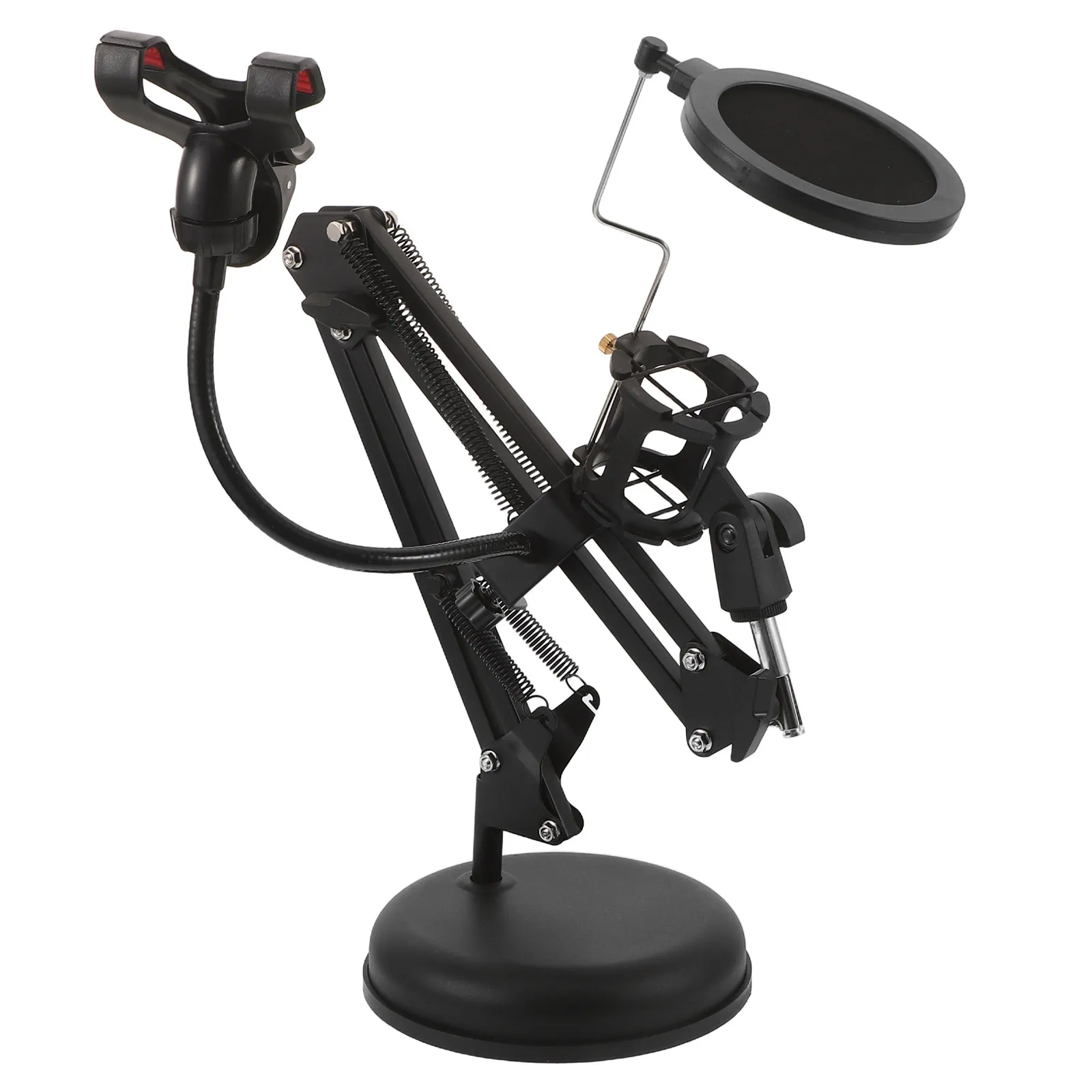 Microphone Arm Stand Adjustable Desktop Suspension Boom Arm Dual Device Phone Holder Clip Pop Filter Recording