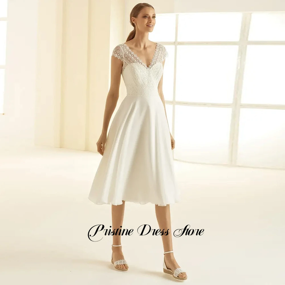 Klasyczna krótka suknia ślubna z szyfonu z krótkimi rękawkami, gorsetem, szyta na miarę, o długości do herbaty, z koronką, dekoltem w serek, suknie ślubne Vestidos De Novia