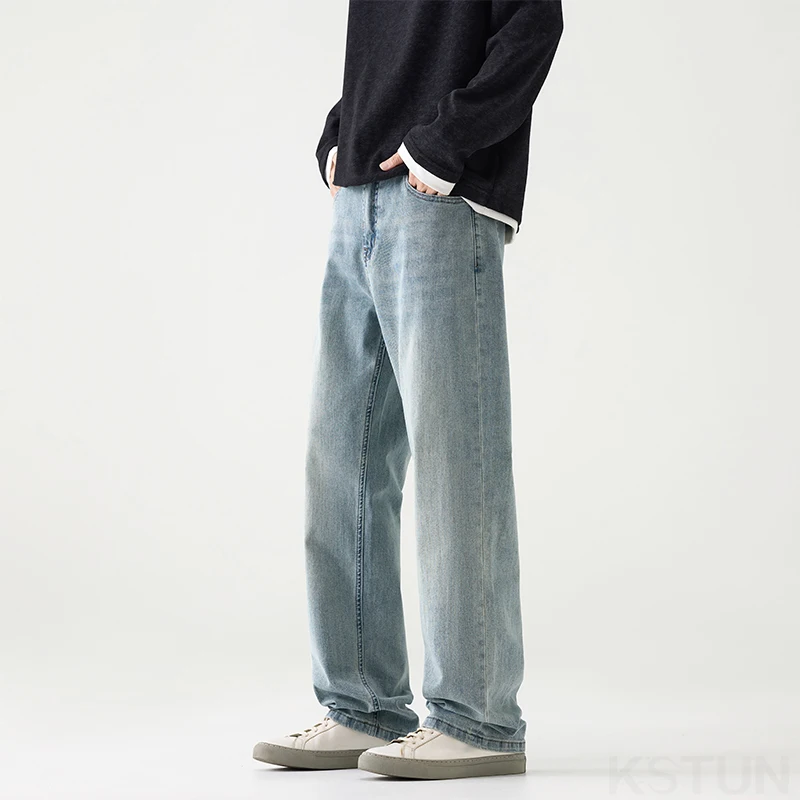 KSTUN Light Blue Jeans Stretch Men's Loose Straight Jeans Male Denim Pants Spring and Autumn Full Length Trousers High Quality