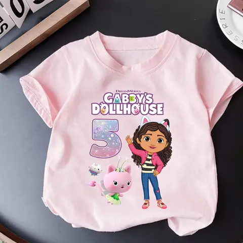 새로운 개비 인형 집 생일 번호 T 셔츠 소녀 만화 애니메이션 핑크 옷 아동 반팔 탑 코튼 티셔츠 키즈 파티 선물