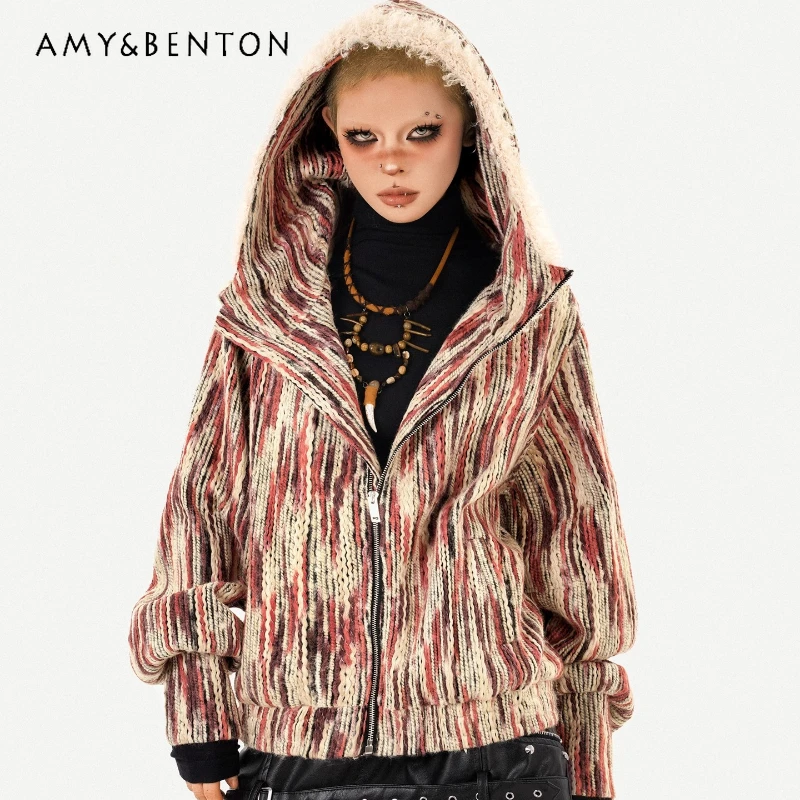 

American Retro Street Y2K Hot Girl Striped Hooded Women's Jacket Autumn Winter New Fleece Loose Casual Zipper Jackets Ladies