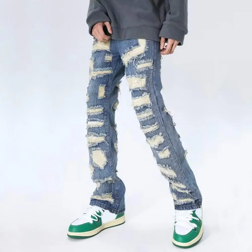 Heren Distressed Vintage Jeans Vintage Distressed Denim Jeans Voor Heren Met Zakken High Street Style Straight-Leg Broek Gewassen