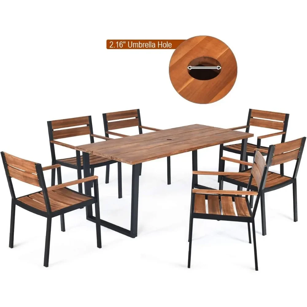 7 Pieces Patio Dining Set with Umbrella Hole, 6 Heavy Duty Acacia Armrest Chairs and Rectangle Table Set