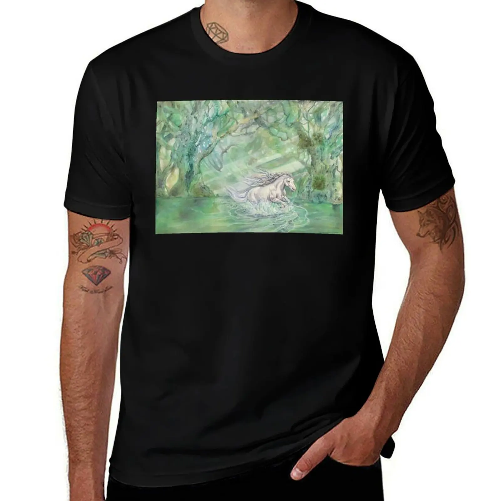 Whispers of Renewal – Mystical Unicorn in a Forest Scene T-Shirt Simple Trendy Casual T-Shirt