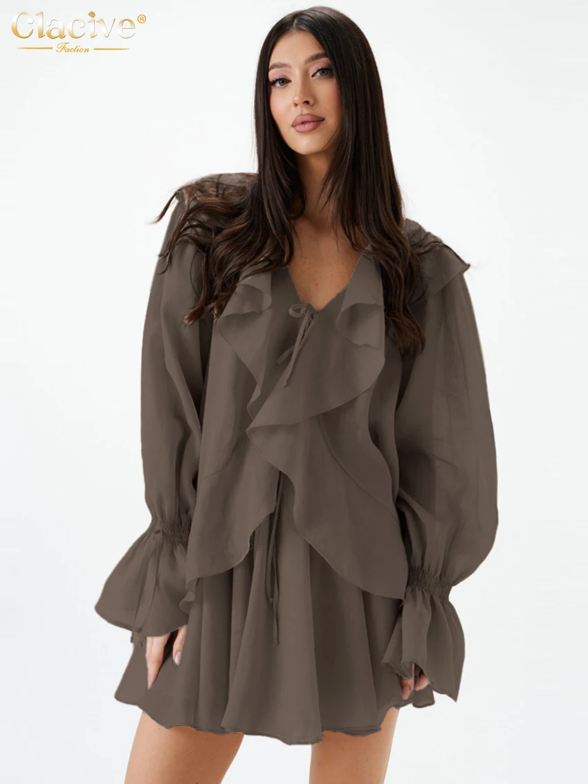 Clacive แฟชั่นหลวมผ้าฝ้ายสีน้ําตาล 2 ชิ้นชุดผู้หญิง 2025 เสื้อแขนยาวหรูหราเอวสูงจีบกระโปรงมินิชุด