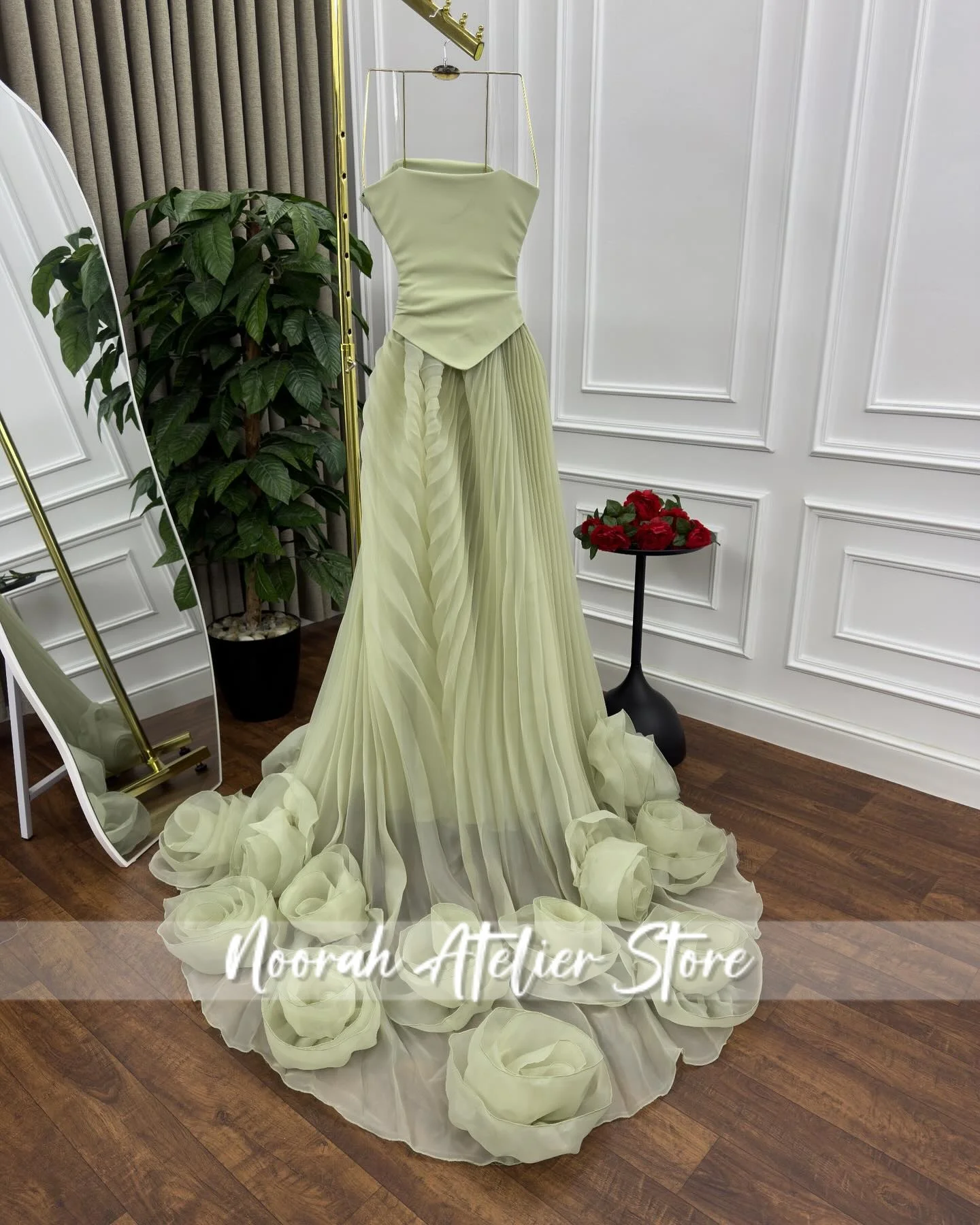 Sage สีเขียว Strapless ดูไบพิเศษ Tulle รถไฟชุดราตรี 2025 ชุดแต่งงานพรหมชุด FBساتة อย่างเป็นทางการชุดที่กําหนดเอง