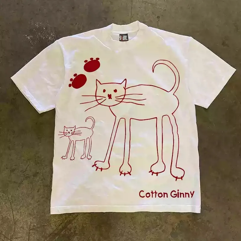 Unisex Cute Line‑art Cats Graphic T‑Shirt Men Women Minimalist Red Hand‑drawn Kitten Art Print Tee 100% Cotton Loose Aesthetic Streetwear Short Sleeve T Shirt.