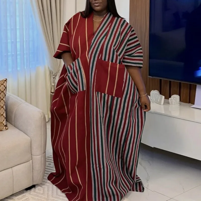

Elegant Women Striped Dresses V Neck Short Sleeves with Pockets Patchwork Loose Long Africa Robe Causal Party Church Clothing
