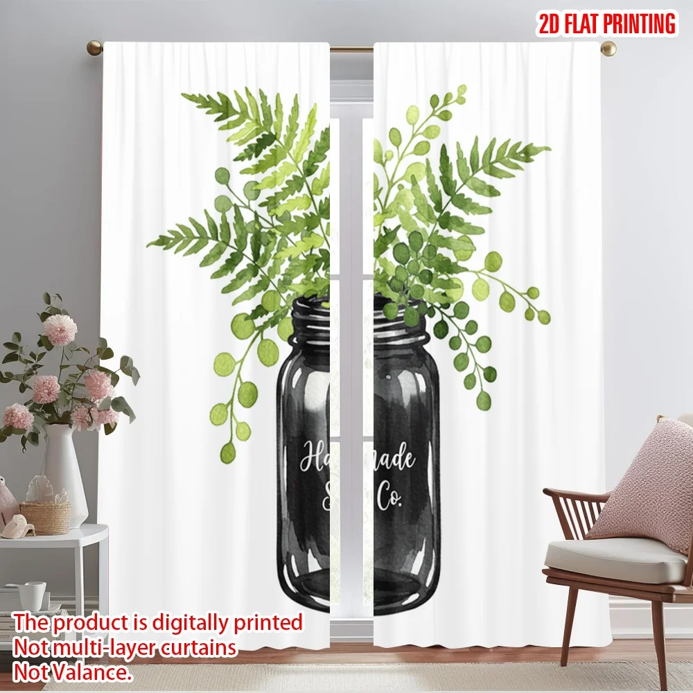 

2pcs 2D flat printing Window Curtains Watercolor Mason Jar Ferns 100% Polyester Fabric Without Electricity Festive Wall Decor