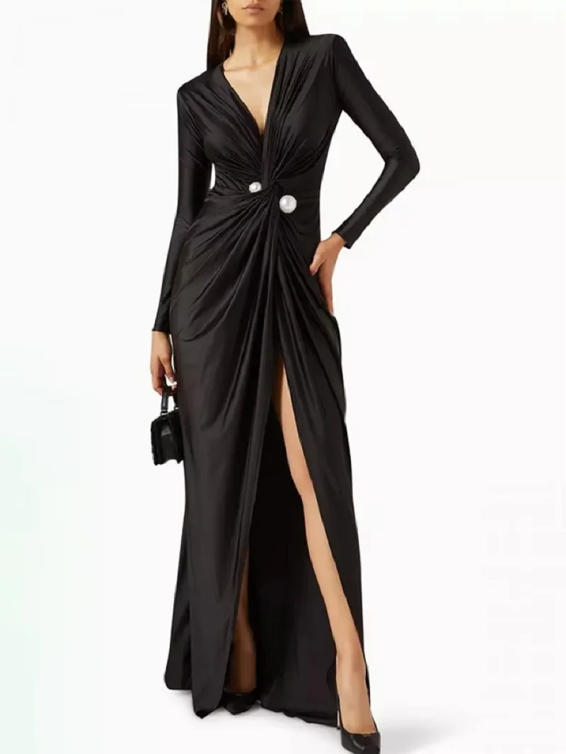 2024 New Female Tied Waist Deep V-Neck Pleated Prom Banquet Dress Spring Long Sleeves Elegant Party Evening Maxi Dresses