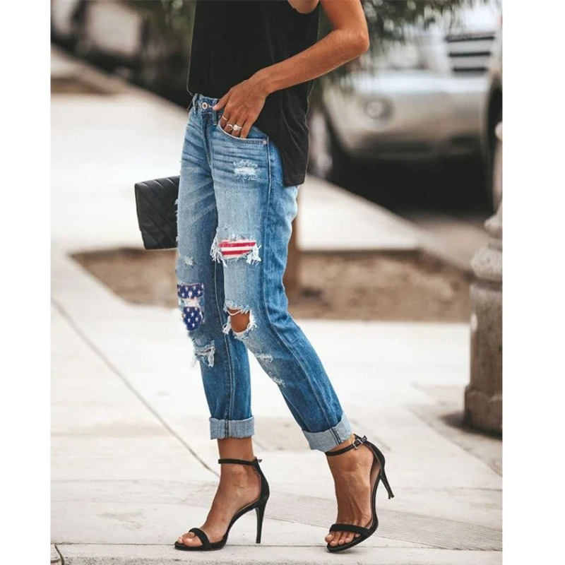 Spot Amazon Wish Celana Lurus Hari Kemerdekaan Wanita Eropa dan Amerika Celana Jeans Wanita Print Robek Celana Jeans Wanita