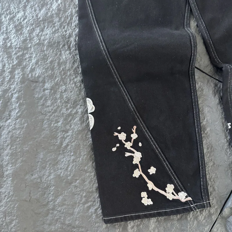 Heavy Dragon Tiger Plum Blossom Embroidery Jeans Black High Waist Wide Leg Straight Street Trend Derschutze Pants Men Women