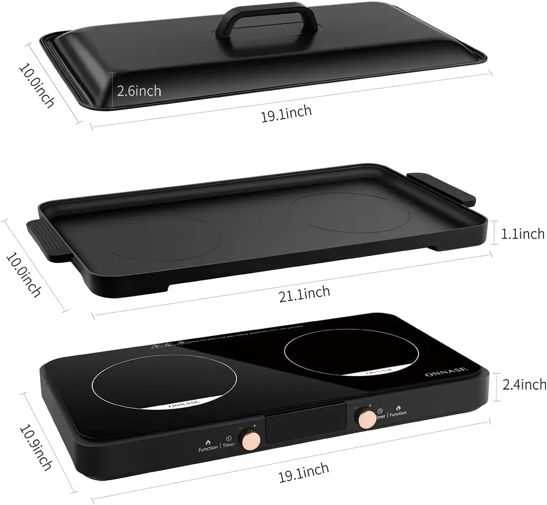 Induction Cooktop 2 Burner with Removable Iron Cast Griddle Pan Non-stick, 1800W Portable Induction Stove with 11 Power levels,