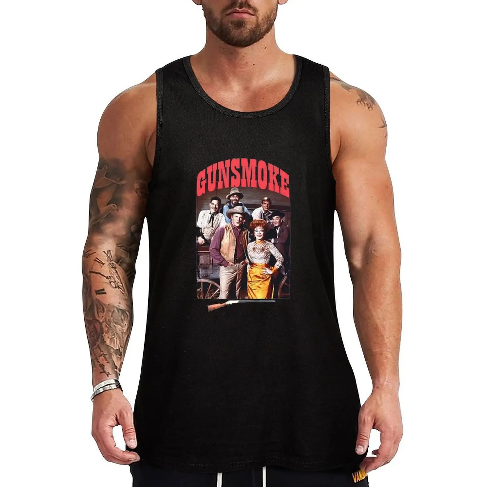 Camiseta Regata Industrial Durável Sem Mangas com Estampa do Elenco de Gunsmoke: Mat Dillon, Kitty, Doc e Festus