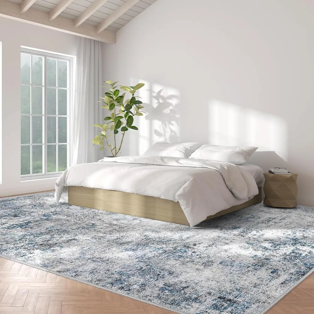 10x14 Modern Washable Non-Slip Area Rug, Soft Foldable Distressed Stain-Resistant Neutral Carpet for Living Room