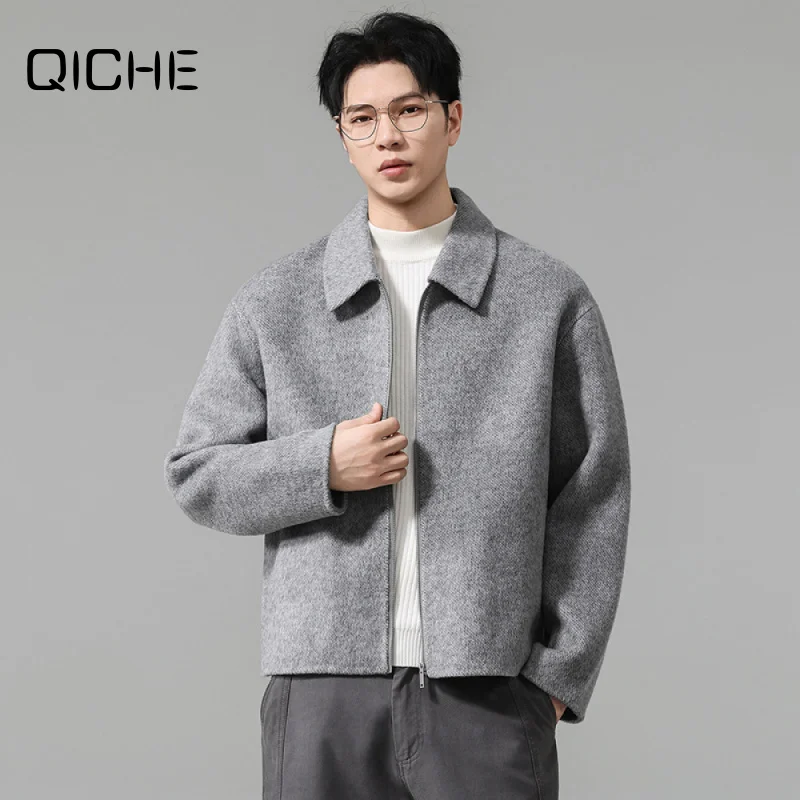 QICHE 2026 New Men Lapel Double Faced Wool Coat Autumn Winter High Grade Old Money Simple Commuter Jacket