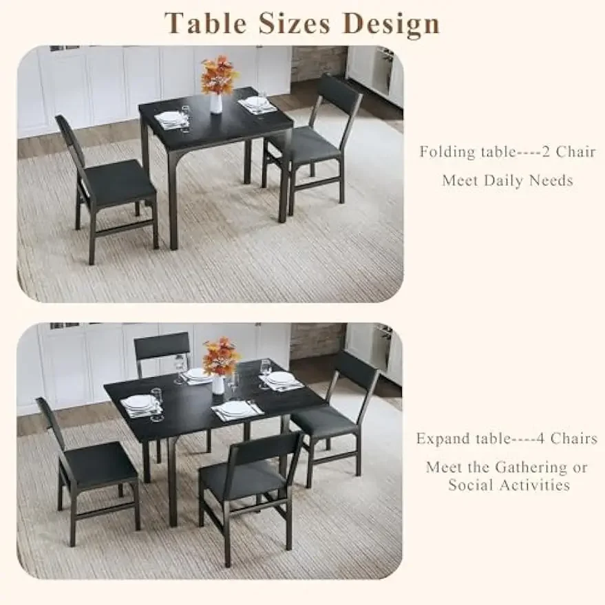 Dining Table Set for 4, Extendable Kitchen Table Cushion Chairs Set of 4, Rectangle Dining Table with Metal Frame Board, F