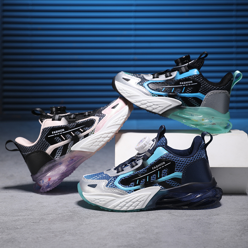  Children Fashion Sports Shoes Boys Girls Casual Rotary Buttons Outdoor Sneakers Breathable Soft Bottom Kids Mesh Running Shoes 