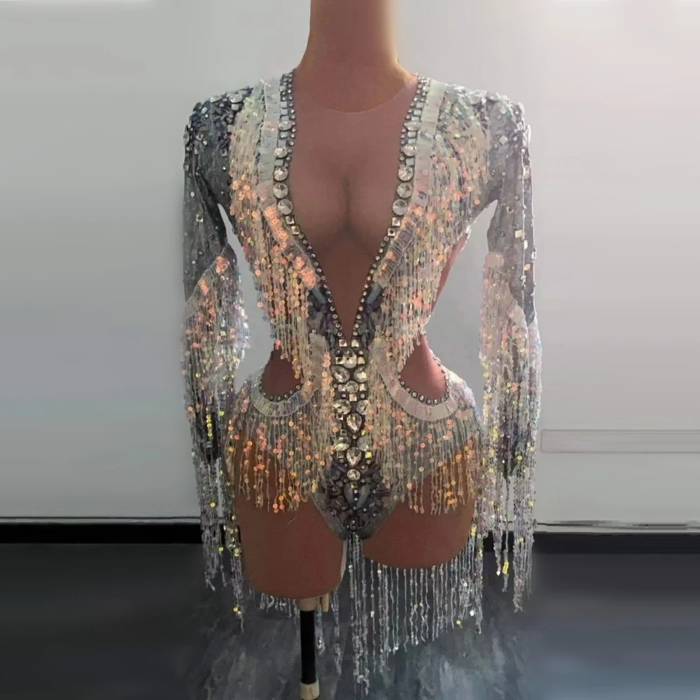 

Sparkly Sequin Long Sleeve Tassels Printing Bodysuit Bar Women Singer Costume Celebrate Outfit Evening Dance Stage Playsuit
