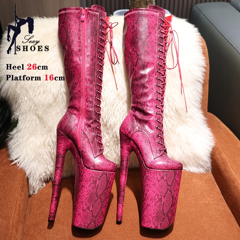 New 2024 Knee-High Boots For Women Snake Pattern High-heels Model Show Shoes Platform Thin Heels 26CM Pole Dance Stripper Shoes