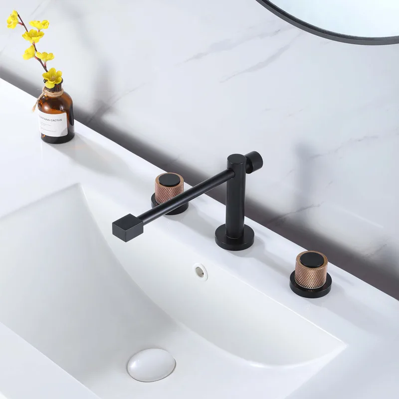 Matte black three hole basin faucet widespread double handle sink mixer wate tap black bathroom faucet hot and cold black tap