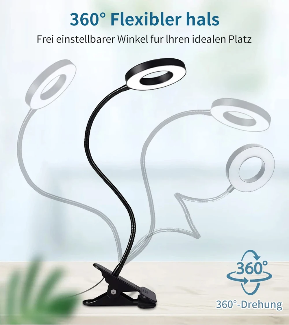 Clip on Light LED Reading Book Study Lamp 3 Color Modes 10 Brightness Eye Protection 360° Flexible Gooseneck Student  Desk Lamp