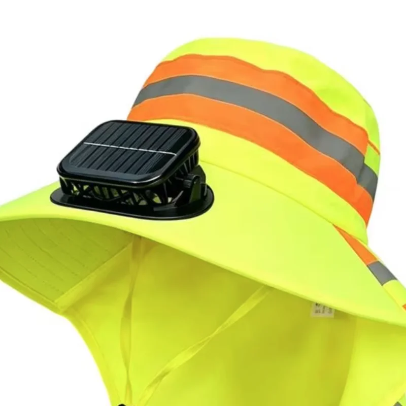 USB Rechargeable Sun Hat Fan, Dust Proof Full Brim UV Proof Hat with Reflective Stripes, Breathable Mesh Collar Protector