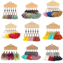 3Pcs/Lot Bohemia Colorful Tassel Earrings Set For Women Gypsy Copper Geometry Oil Drop Flower Pendant Cloth Tassel Earrings Set