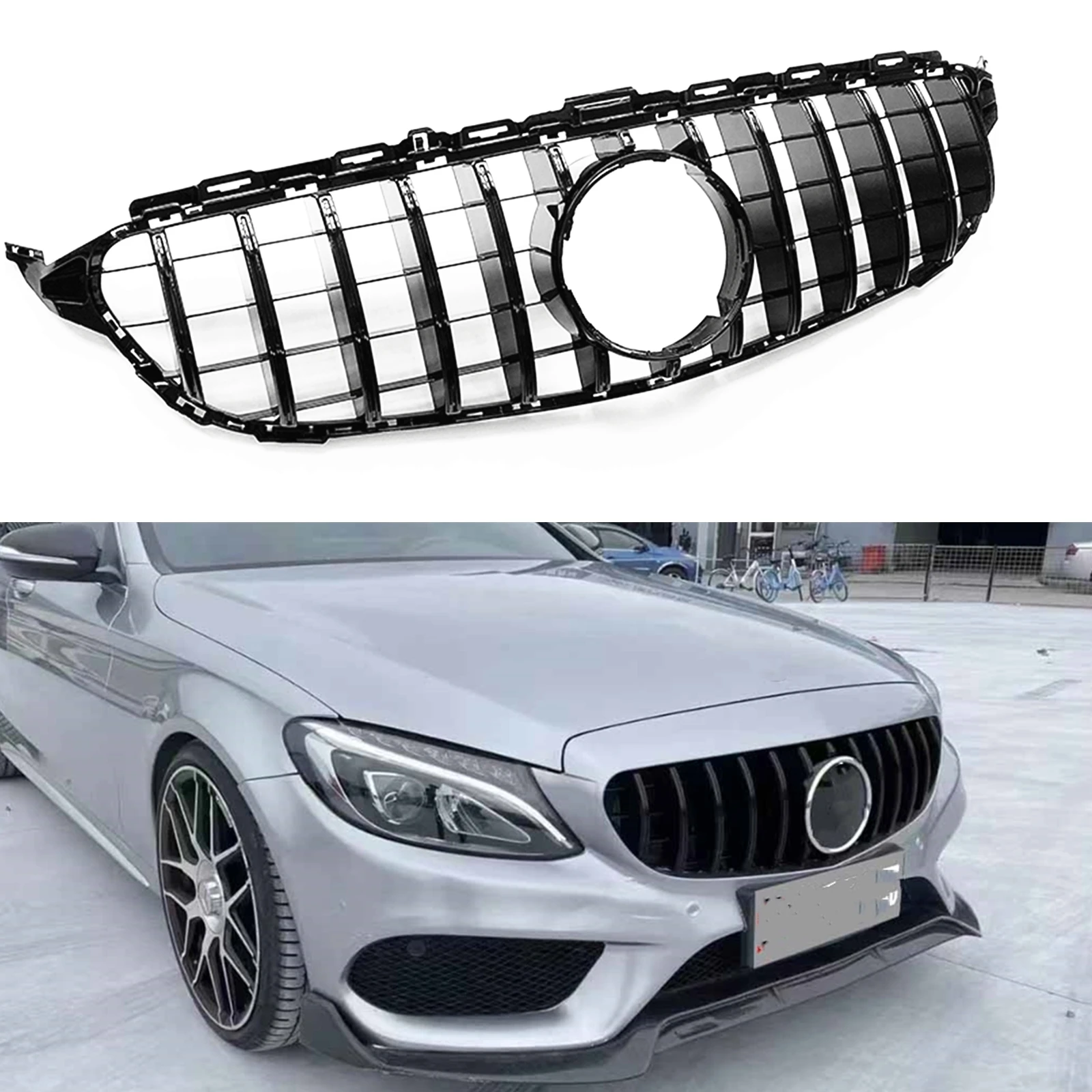 

Front Grille Grill For Mercedes Benz C Class W205 2014-2018 C180 C200 C250 C300 C43 GT Style Black/Silver Upper Bumper Hood Mesh