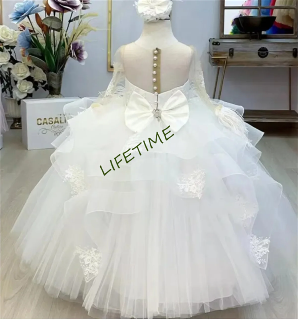 CustNew White Flower Girl Dress Long Sleeves Puffy Tulle Lace Pageant Gown Big Bow Baby Girl Party Gown First Communion Dresses