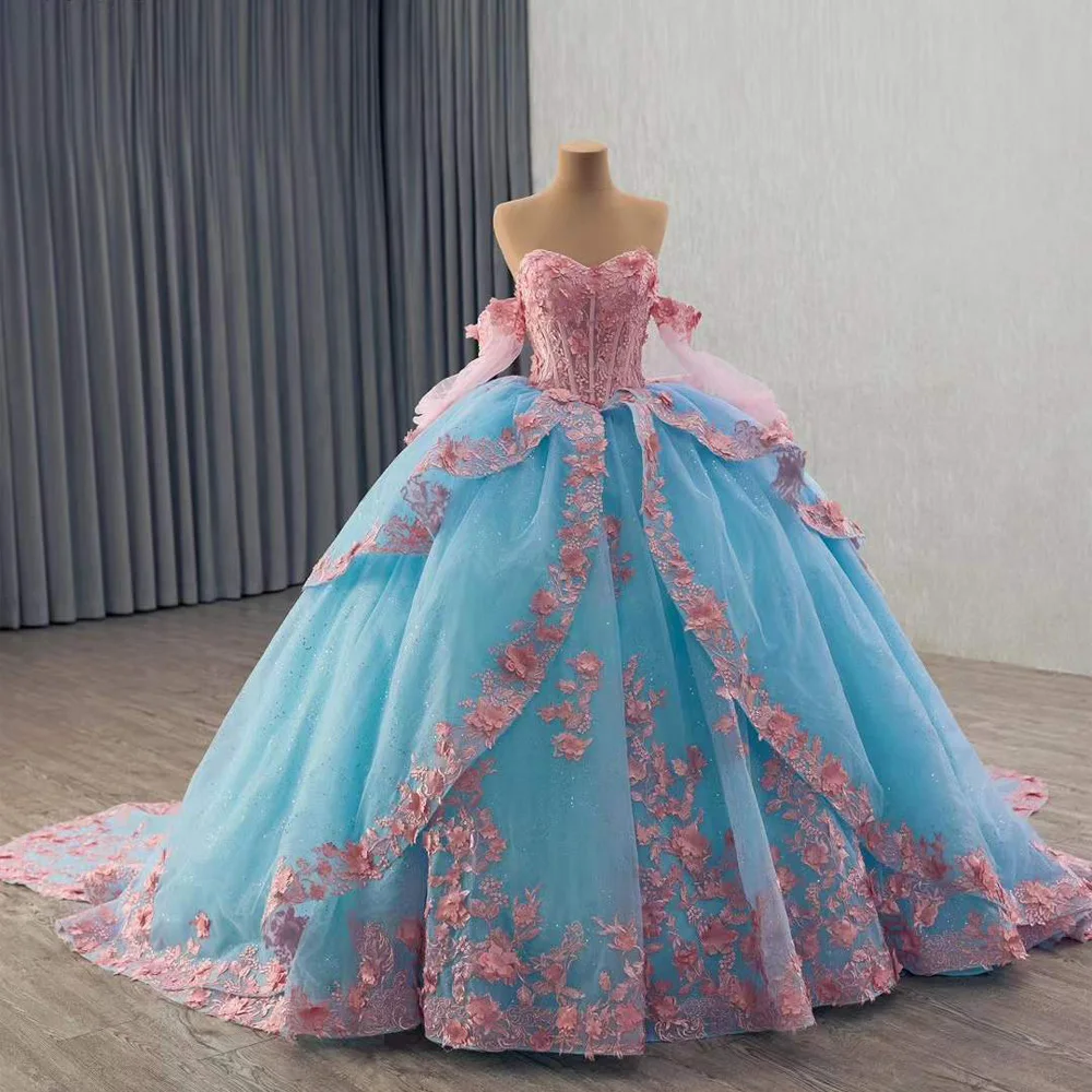 Vestidos De 15 Años De lujo 2025 Sweetheart Bow apliques con cordones en la espalda azul rosa vestido largo De fiesta De noche con mangas desmontables