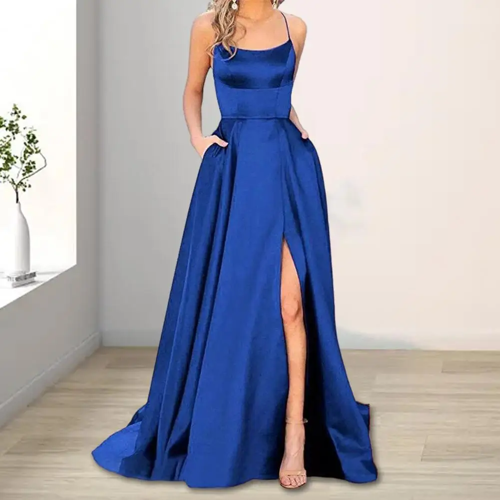 

Banquet Maxi Dress Elegant Spaghetti Strap Evening Dress with High Slit Side Pockets Off Shoulder A-line Satin Maxi for Prom