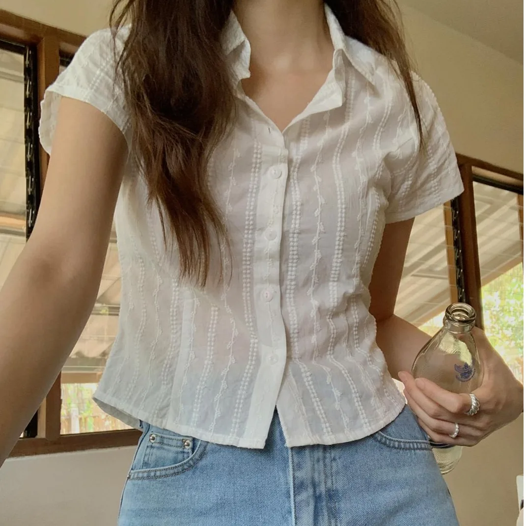 Embroidered Short Sleeve Single Button Micro Permeable Cotton Shirt Women's Fashion Summer Casual Blouse Breathable Lightweight