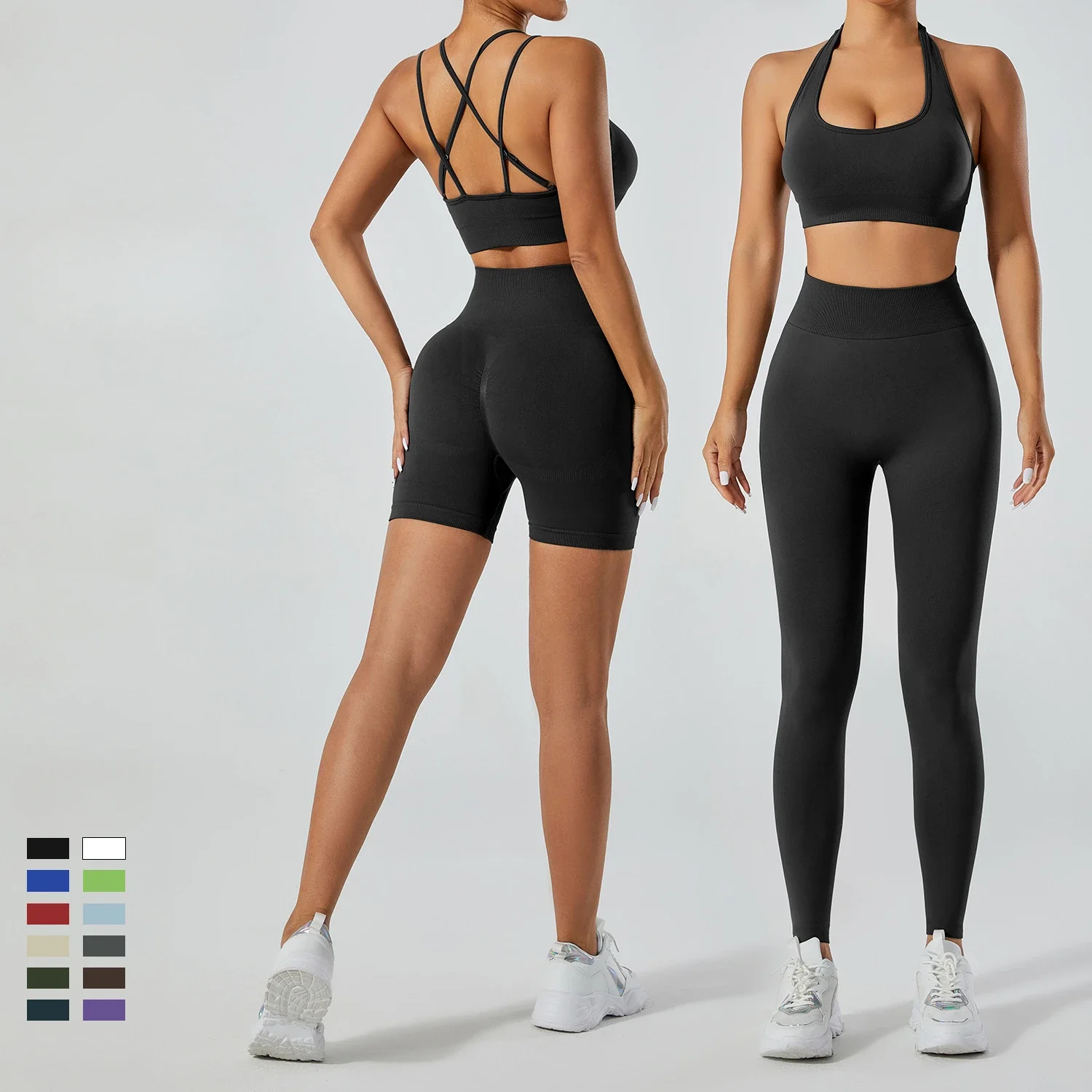 Seamless Yoga Sets Sports Fitness High Waist Hip Raise Pants Long-Sleeved Backless Suit Workout Clothes Gym Shorts Set for Women