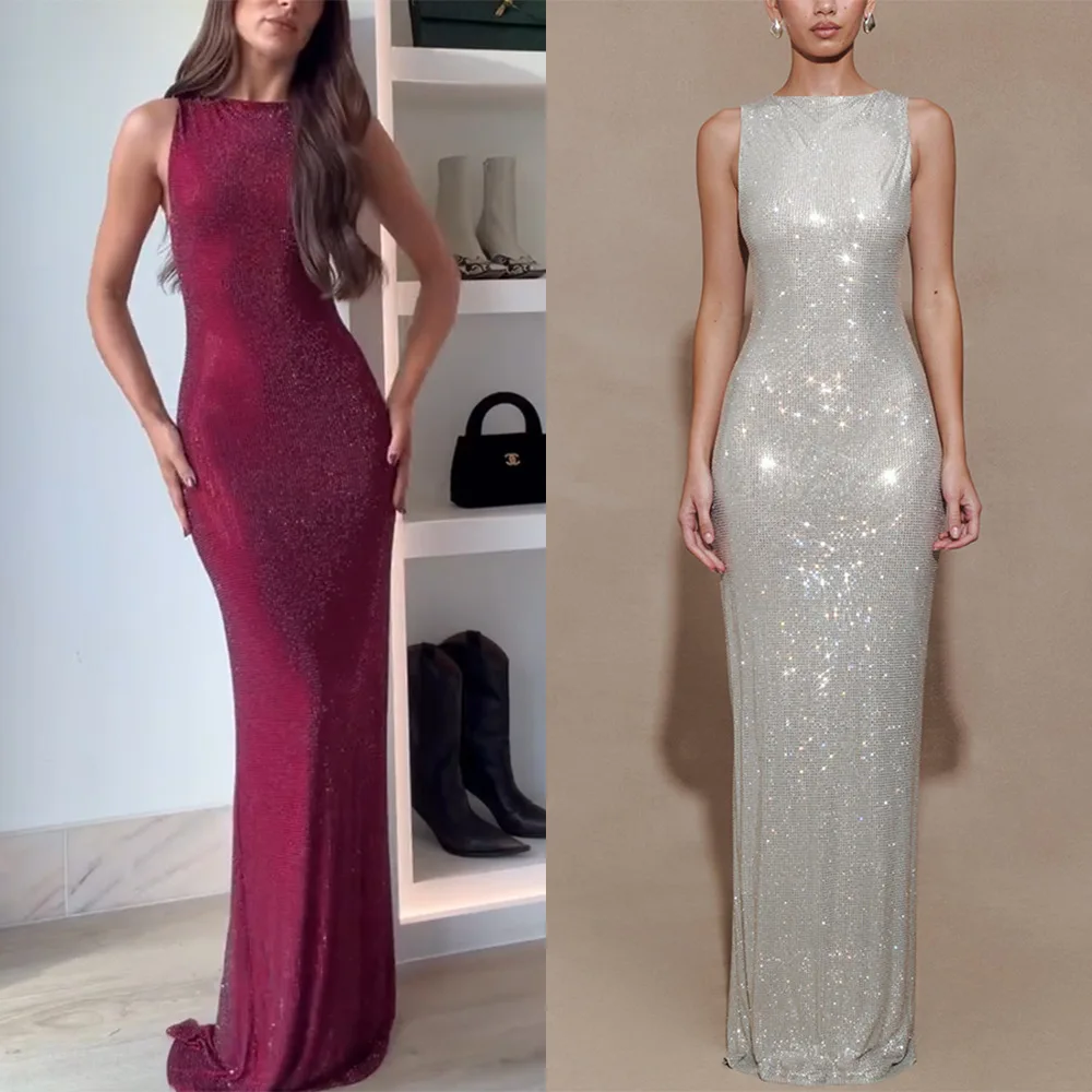 Socialite Slim Sequin Evening Dress Fashion Solid Color Sexy Package Hip Bodycon Sleeveless Slit Dress Party Banquet Vestidos