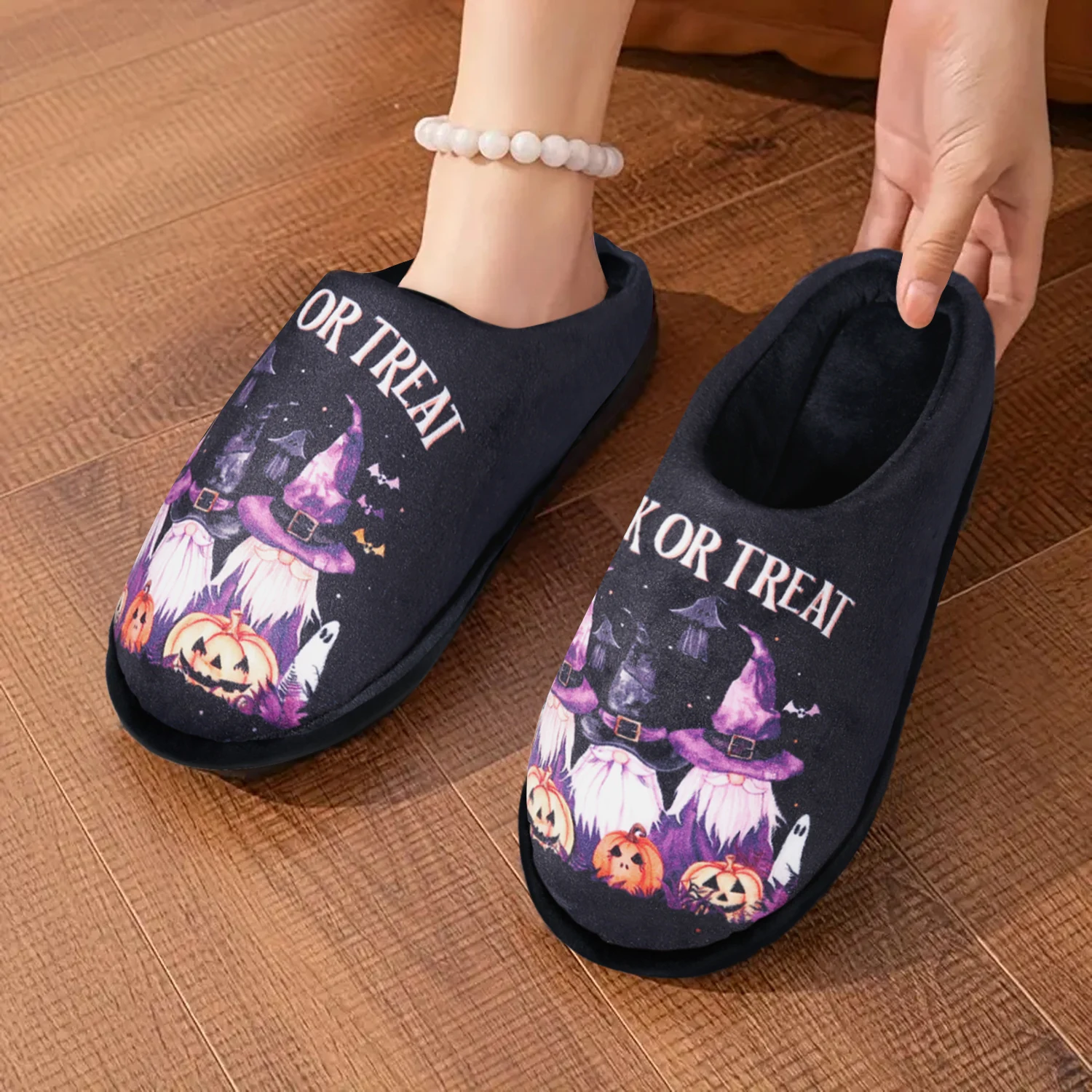 

Halloween Pumpkin Slippers,"RICK OR TREAT" Plush Cozy Indoor Womens Slippers, Soft Bedroom Slip On Shoes, Non-slip Rubber Sole,