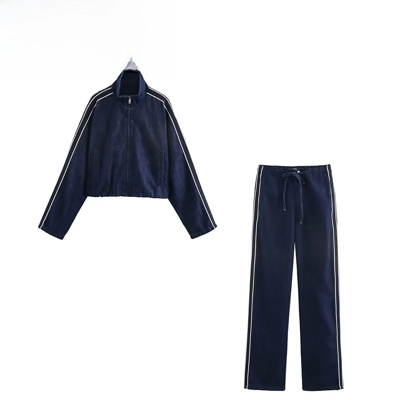 

Faionable Patchwork Stripe Denim Jaet And Pants Set Women's Street Sle Spring New Arrival ZBZA 6929075