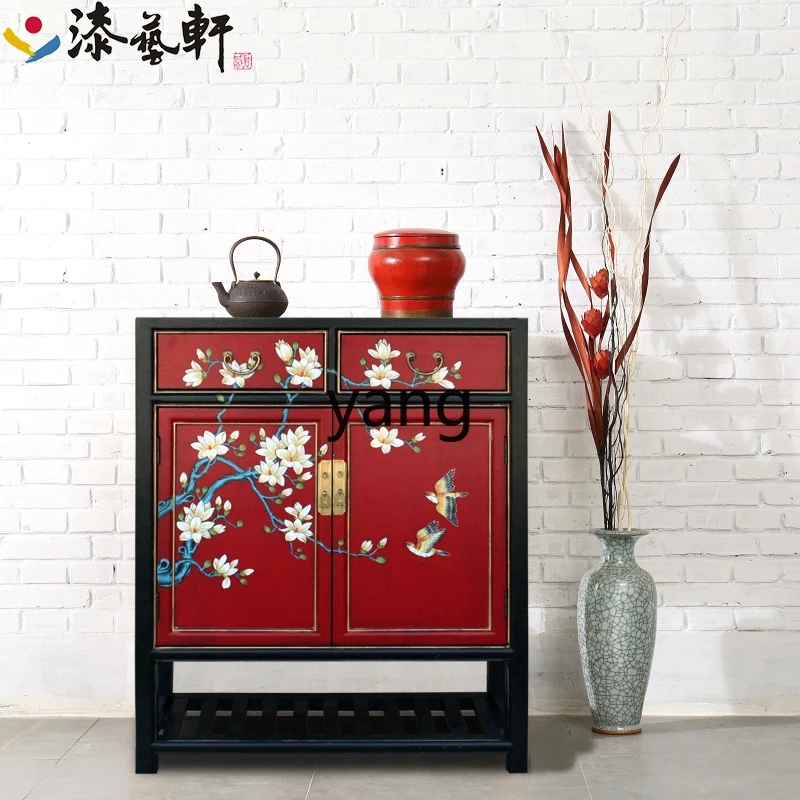 L'm'm New Chinese Style Camphorwood Solid Wood Hand Painted Shoe Cabinet Double-Door Classical Shoe Cabinet