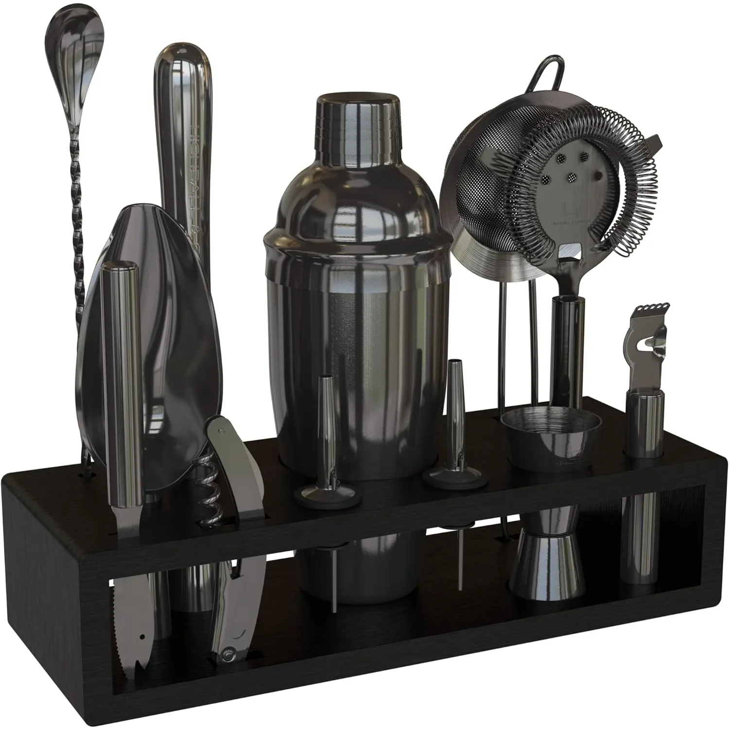 Highball & Chaser 13-Piece Cobbler Cocktail Shaker Set: Black Polished Stainless Steel Bartender Kit For Home Bar Cocktail Set