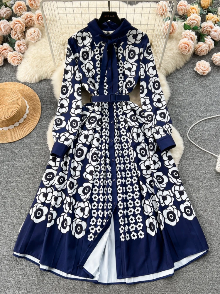 Dames Elegante Marineblauwe Printjurk Franse Overhemd Kraag Lange Mouw Bloemen Lange Jurken Laides Vintage A-Line Party Long Robe