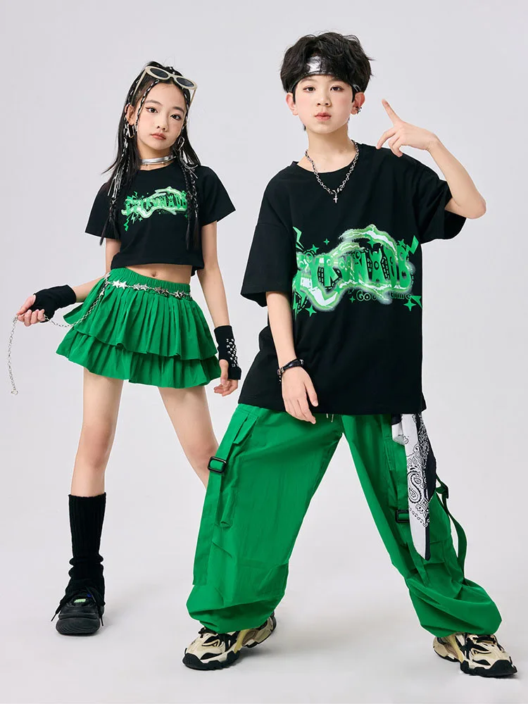 Dziecięca odzież Kpop Hip Hop Czarna Krótka Koszulka Top Zielone Spodnie Spodnie Cargo Spódnica Plisowana Warstwowa dla Dziewczynki Chłopca Stroje do Tańca