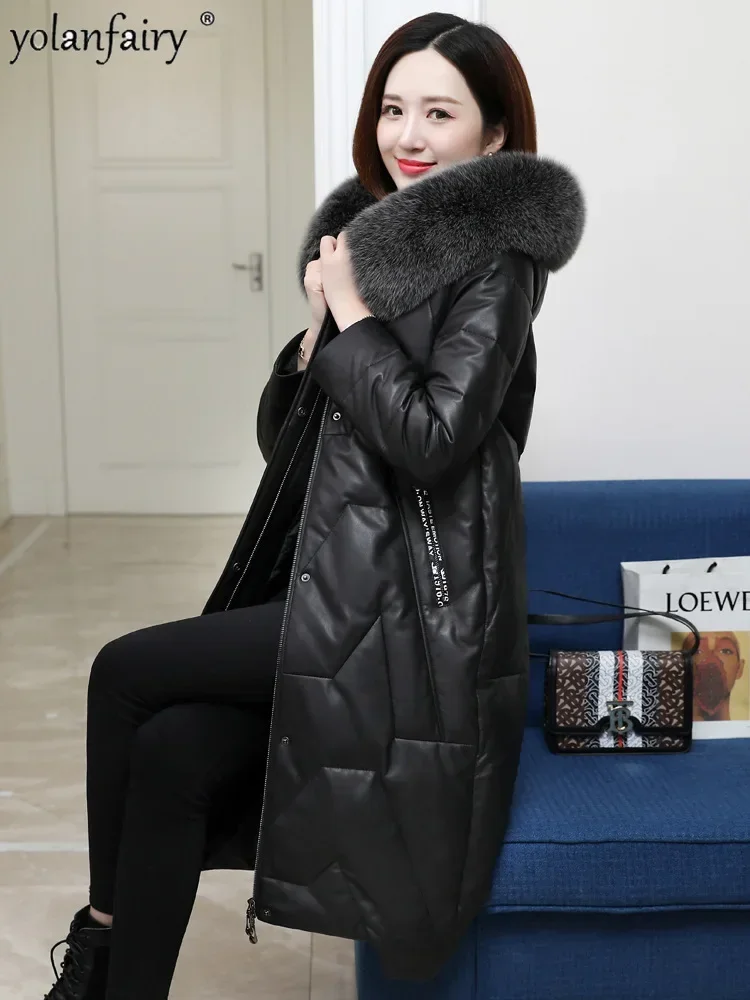 Pure Sheepskin Down Jacket for Women Fox Fur Hooded 2023 Winter New Leather Clothing Female Mid Long Genuine Leather Jackets FCY