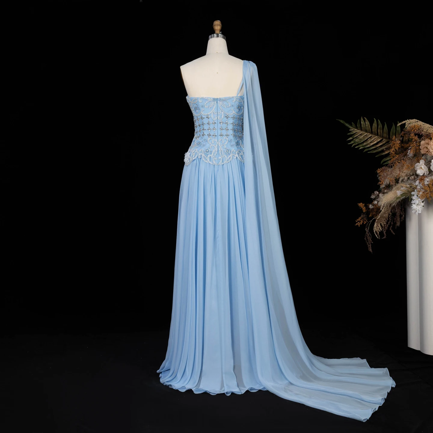Sharon Said Elegantes Blaues Chiffon-Abendkleid, Einschultriges, Handbesticktes 3D-Blumenkleid für Hochzeitsfeier, SS285, Maßanfertigung – Detail 10
