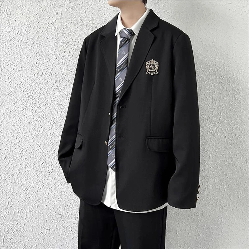 Black Casual Suit Jacket Men Loose High Street Blazer Jacket Korean Trend JK Dk School Uniform Preppy Cool Teenagers Suit Coat