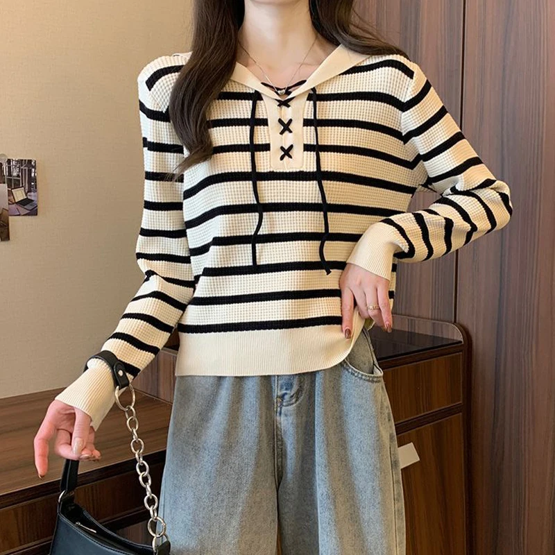 Korean Striped Lace-up Navy Collar Long Sleeve Versatile Casual Sweater Women College Style Knitted Top
