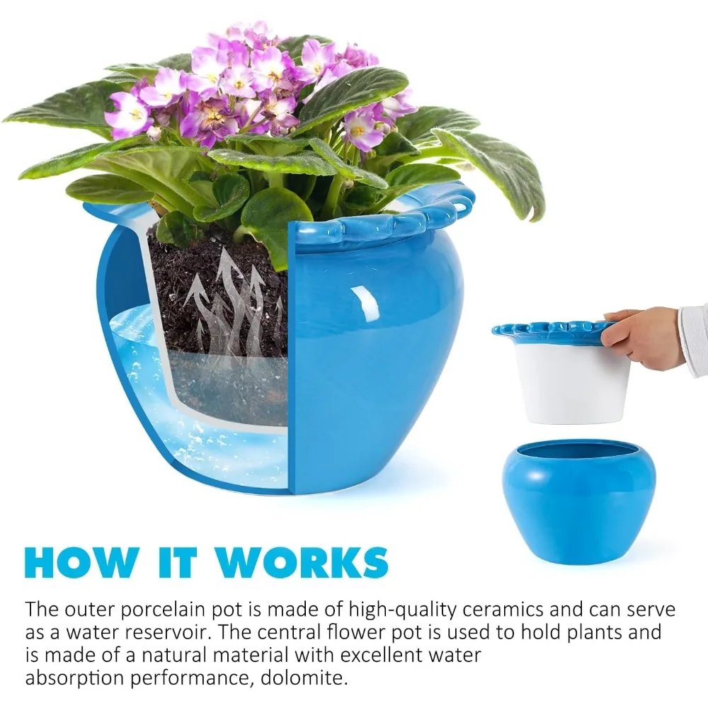 8 Inch Self Watering Ceramic Flowerpot with Absorbing Inner Pot for African Violets Orchids Lawn Yard Decor