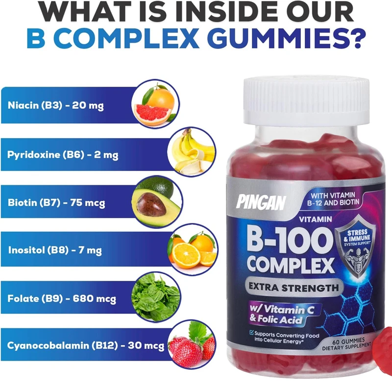 

Compound Gummies Contain Vitamin C and Folic Acid, with 60 Gummies Containing Niacin, B6, Folic Acid, B12, and Biotin